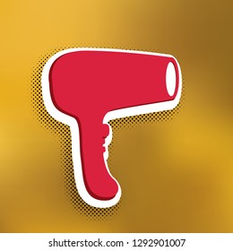 Hair Dryer sign. Vector. Magenta icon with darker shadow, white sticker and black popart shadow on golden background.