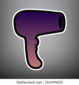 Hair Dryer sign. Vector. Violet gradient icon with black and white linear edges at gray background.