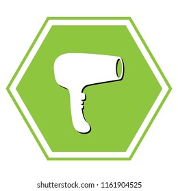 Hair Dryer sign. Vector. White icon with black shadow at yellow green honeycomb on white background.