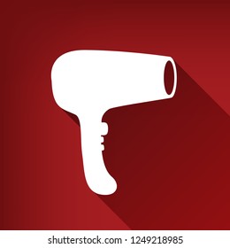 Hair Dryer sign. Vector. White icon with limitless shadow at ruby red background.