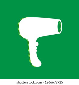 Hair Dryer sign. Vector. White flat icon with yellow striped shadow at green background.