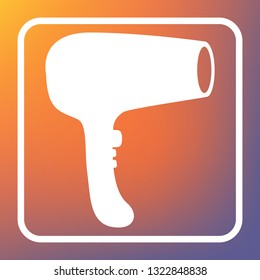 Hair Dryer sign. Vector. White icon on transparent button at orange-violet gradient background.