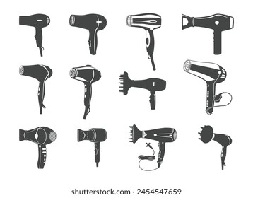 Hair dryer silhouette, Blow dryer silhouette, Barber tools, Hair dryer vector illustration.