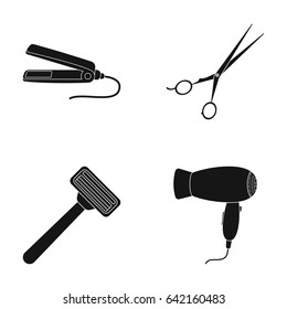 Hair dryer, hair straightener, razor. Hairdresser set collection icons in black style vector symbol stock illustration web.