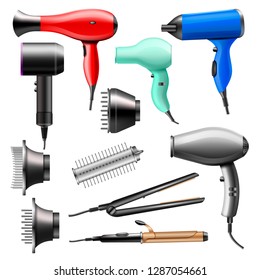 Hair dryer vector fashion hairdryer of hairdresser to blow-dry and electric hair-dryer blower illustration beauty set of barber styling appliance straightener curler isolated on white background