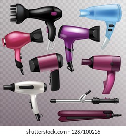 Hair dryer vector fashion hairdryer of hairdresser to blow-dry and electric hair-dryer blower illustration beauty set of barber styling appliance straightener curler isolated on transparent background