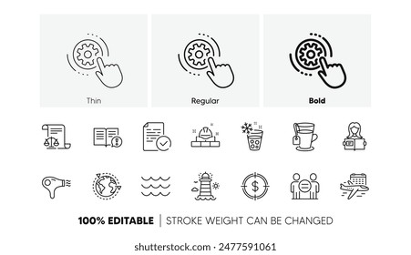 Secador de pelo, lecturas de mujer e iconos de la línea Lighthouse. Paquete de té, máquina de hielo, icono de olas. Configuraciones Cogwheel, objetivo Dollar, Pictograma de cumplimiento. Ética, documentos legales, vuelo de Seleccionar. Iconos de línea. Vector