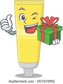 Hair dye cartoon character concept with a big gift box. Vector illustration