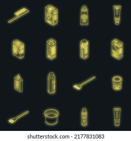 Hair dye icons set. Isometric set of hair dye vector icons neon on black