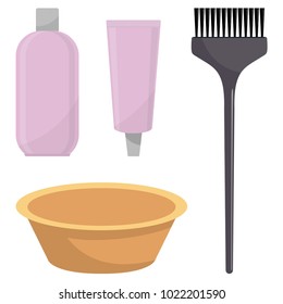 Hair dye, oxidizer, hair dye brush and mixing bowl. Hair coloring set, vector illustration, isolated on white