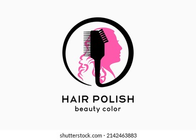 Hair dye or hair polish logo design, silhouette of a brush comb and woman in a circle