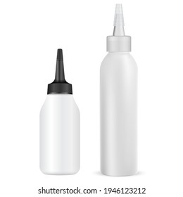 Tubo de tintes de pelo, paquete vectorial de maquillaje, cuentagotas de belleza de color de pelo, productos de muestra aislados. Diseño de recipientes de crema de pelo o de balsam, botella de tintes de pelo, maquillaje de pintura para teñido