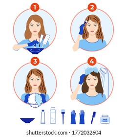 Hair dyeing icons set. How to dye hair at home tutorial. Step-by-step instruction for hair coloring process. Beauty procedure. Apply color creme on hair with brush. Isolated flat vector illustration.