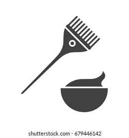 Hair dyeing kit glyph icon. Women goods. Hairdresser. Hair stylist brush with cream in bowl. Silhouette symbol. Cosmetics. Negative space. Vector isolated illustration