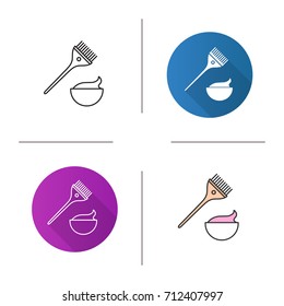 Hair Dyeing Kit Icon. Flat Design, Linear And Color Styles. Brush With Cream In Bowl. Isolated Vector Illustrations