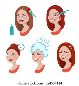 Hair dyeing process. Cartoon vector illustration