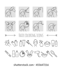 Hair dyeing process. Thin line icons