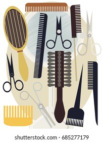 Hair element vector illustration.Hairdresser salon collection icons. Hair style, haircut in hairdresser. In big hairdresser set you found scissors and another hairdresser equipment.
