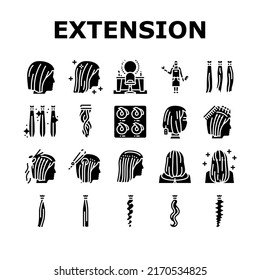 Hair Extension Salon Procedure Icons Set Vector. Hair Extension And Cutting, Multicolor Palette For Choosing Style, And Accessory, Hairdresser Worker And Client Glyph Pictograms Black Illustrations