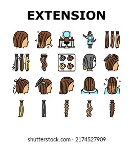 Hair Extension Salon Procedure Icons Set Vector. Hair Extension And Cutting, Multicolor Palette For Choosing Style, And Accessory, Hairdresser Worker And Client Color Illustrations