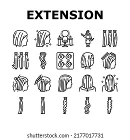 Hair Extension Salon Procedure Icons Set Vector. Hair Extension And Cutting, Multicolor Palette For Choosing Style, And Accessory, Hairdresser Worker And Client Black Contour Illustrations