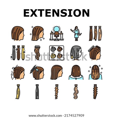 Hair Extension Salon Procedure Icons Set Vector. Hair Extension And Cutting, Multicolor Palette For Choosing Style, And Accessory, Hairdresser Worker And Client Color Illustrations