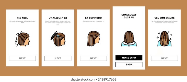 Hair Extension Salon Procedure onboarding mobile vector. Hair Extension And Cutting, Multicolor Palette For Choosing Style, And Accessory, Hairdresser Worker And Client Color Illustrations