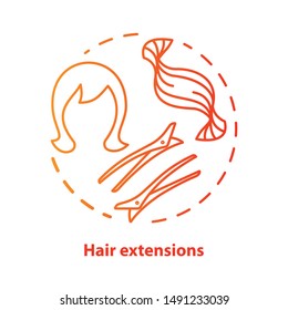 Hair extensions blue concept icon. Clip in hair tapes, wig and accessories idea thin line illustration. Hairdresser, hairstylist parlor. Red gradient vector isolated outline drawing. Editable stroke