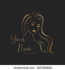 Hair extensions logo. Elegant silhouette of a girl with long hair on a black background