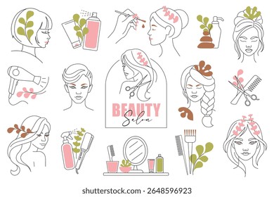 Hair and Face Branding Elements. Vector Line Art Icons for Beauty Logos and Salon Design with floral shapes. Diversity in Beauty and Skincare