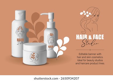Hair and Face Cosmetic Branding Banner with Cream Jars and Shampoo Bottles for Beauty Studio Products. Editable mockup template. Diversity in Beauty and Skincare
