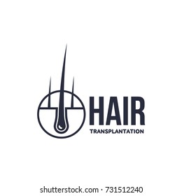 Hair follicle in hair bulb with human skin, dermis. Medical folicle transplantation company logo, brand icon pictogram design. Vector flat silhouette illustration isolated on a white background.