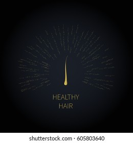 Hair follicle symbol with gold rays on black background. Design template for medical diagnostic clinics and transplant centers. Alopecia treatment concept. Vector illustration.