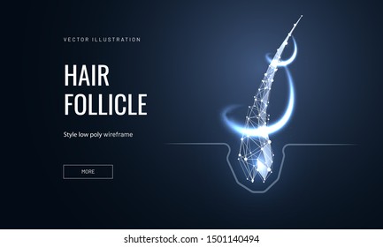 Hair follicle treatment low poly landing page template. Trichology science web banner. 3d hair root with glowing polygonal illustration. Baldness prevention clinic mesh art homepage design layout