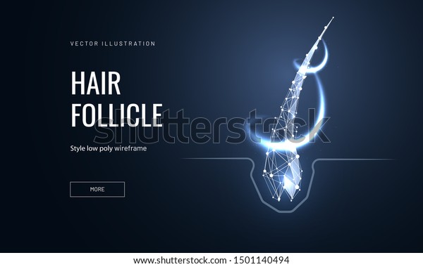 Hair follicle treatment low poly landing page\
template. Trichology science web banner. 3d hair root with glowing\
polygonal illustration. Baldness prevention clinic mesh art\
homepage design layout