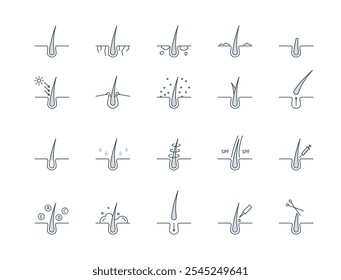 Sinal de tratamento de folículo de cabelo preto linha fina ícone cortado, xampu, Spf, perda, tricologia e hidratação. Ilustração vetorial de ícones