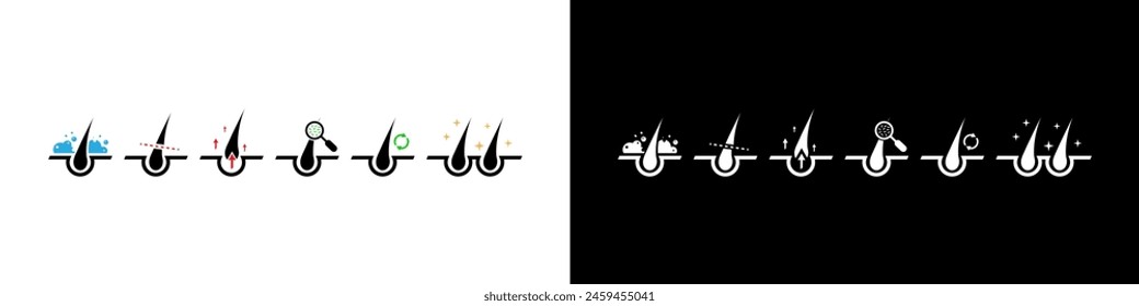 Hair follicles. Hair treatment and care icon. Vector shampoo label isolated on white. Shampoo, Dandruff, Haircut. Problems with hair. Trichology.