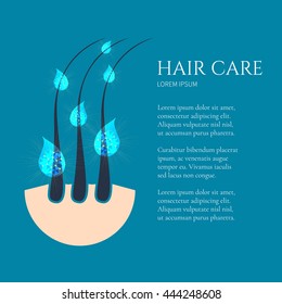 Hair follicles treatment with serum essence drops. Design template with place for your text. Beauty and strengthening concept.Vector illustration.