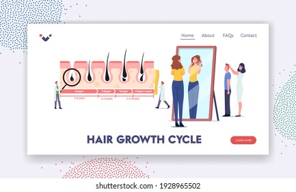 Hair Growth and Loss Cycles Landing Page Template. Tiny Doctor Character at Huge Medicine Infographics Anagen, Catagen, Telogen. Woman Admire of her Shag in Mirror. Cartoon People Vector Illustration