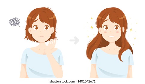 Hair Growth. Thinning Hair Treatment Before And After. Сute Vector Illustration With A Girl Before And After Hair Care. 