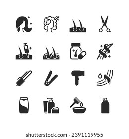 Hair hare icons set. Healthy Hair and scalp. Haircut, hair wash. Tools, equipment. Black and white style