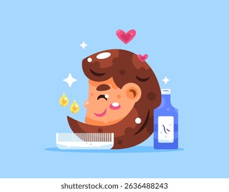 hair health and beauty care concept. vitamins, oils and shampoos for hair. clinics, therapies and salons. illustration of a woman's head with healthy, fragrant and shiny hair. flat style design