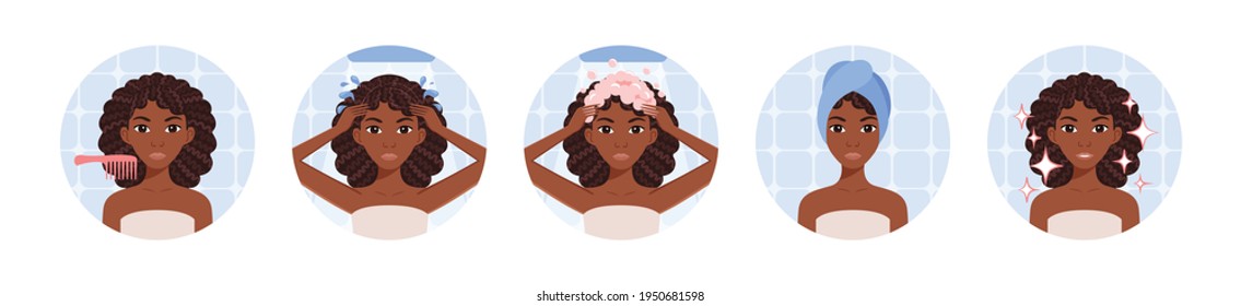 Hair health and care. Afro American Black woman washes her curly hair. Steps.The girl applies foam to her head, a towel. Flat cartoon color style. White background. Vector stock illustration.