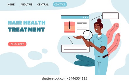 Hair health treatment poster. Woman doctor with magnifing glass. Heatlthcare and diagnosis. Doctor fight against alopecia. Landing webpage design. Cartoon flat vector illustration