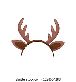 Hair Hoop With Cute Brown Ears And Horns Of Deer. Funny Head Accessory. Reindeer Headband. Flat Vector Icon