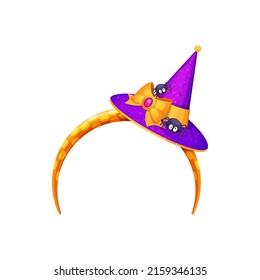 Hair hoop headband with funny cartoon spiders and purple witch hat, Halloween creepy head hoop hair band party costume element. Childish decor with bugs, spooky cap masquerade accessory