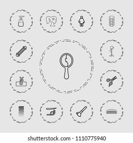 Hair icon. collection of 13 hair outline icons such as barber scissors, shaving brush, woman, comb, mirror. editable hair icons for web and mobile.