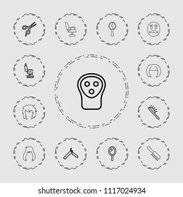 Hair icon. collection of 13 hair outline icons such as mirror, bllade razor, barber scissors, barber chair, hair brush, electric razor. editable hair icons for web and mobile.