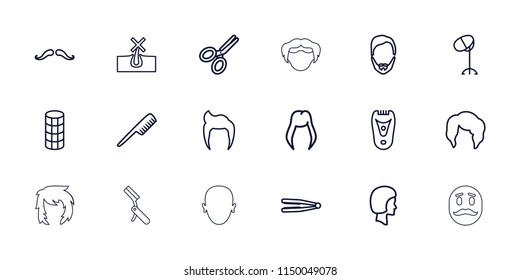 Hair icon. collection of 18 hair outline icons such as comb, woman hairstyle, mustache, man hairstyle, electric razor, scissors, face. editable hair icons for web and mobile.