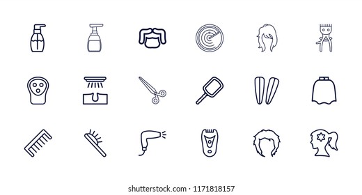 Hair icon. collection of 18 hair outline icons such as mirror, hairdresser peignoir, hair removal, man hairstyle, comb, electric razor. editable hair icons for web and mobile.